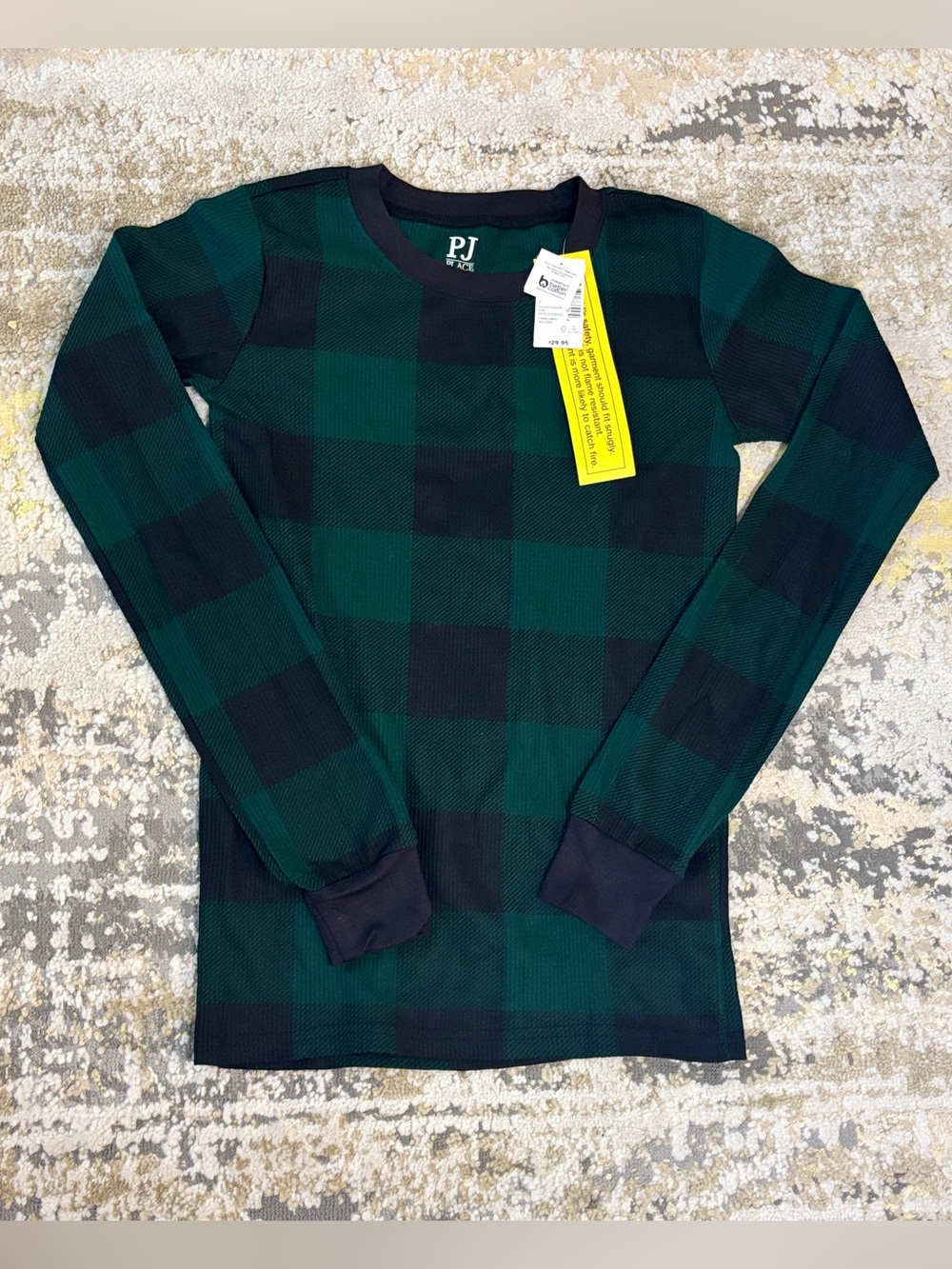 PJ Place Kids Thermal Pajama Top Green Black Buffalo Plaid Long Sleeve NWT 14